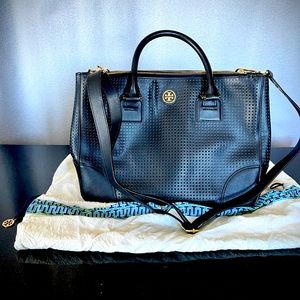 Tory Burch Robinson Perforated SaffinoLeather Double Zip Satchel-original $575
